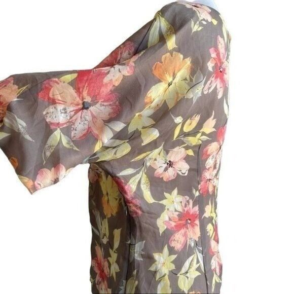 Sundance Brown Floral Short Sleeves Ruched V-Neck Silk Dress Size 14 - Picture 4 of 10